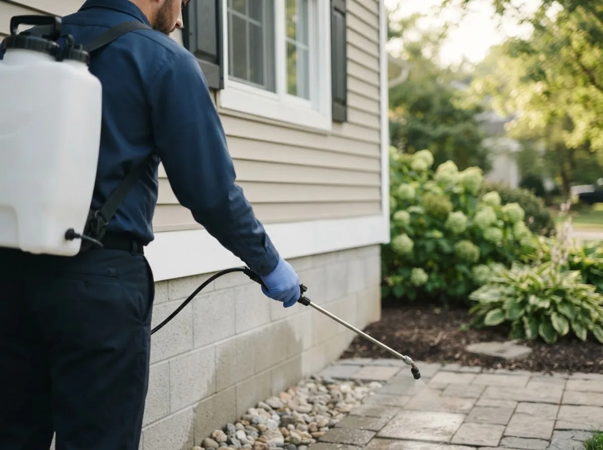 Pest control technician inspecting a home in Dawson, IL